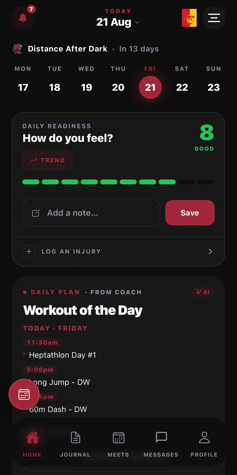 L'application athlète d'Atra sur un téléphone : le point de forme du jour noté 8 sur 10, et la séance envoyée par l'entraîneur.